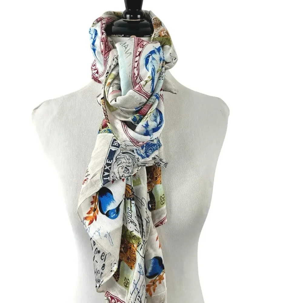 Vintage Postage Stamp Bird Butterfly Travel Print Oblong Scarf Wrap Shawl